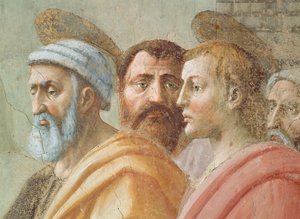 San Pedro distribuyendo los bienes comunes de la Iglesia y la muerte de Ananías (detalle) de Tommaso Masaccio